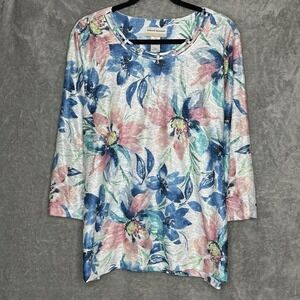 Alfred Dunner 1X Shirt Top Pink Blue Floral Flower 3/4 Sleeve Scoop Neck Stretch